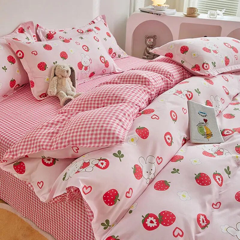 Yeknu - Kawaii Cherry Duvet Cover Set Pillowcase Flat Sheet Floral Boys Girls Twin Full Size Soft Bedding Kit Korean Ins Style Home Use