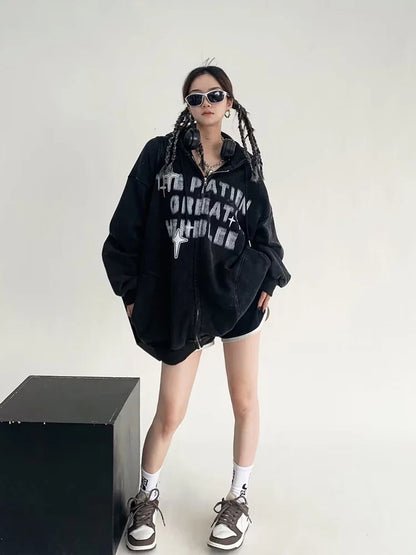 Hooded zip-up letter Print Women's Hoodie Y2k clothing High Street sweatshirts for men Round Neck Hoodies Vintage Dark Coat