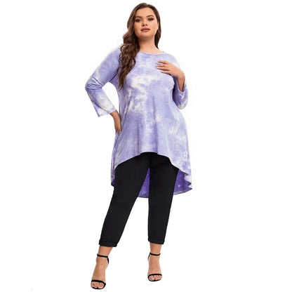 qgtao Plus Size Long Sleeve Elegant Tie Dye Tunic Tops Long Loose Autumn Hi Low Swing Blouse T-shirt Plus Size Clothing Women 6XL 7XL