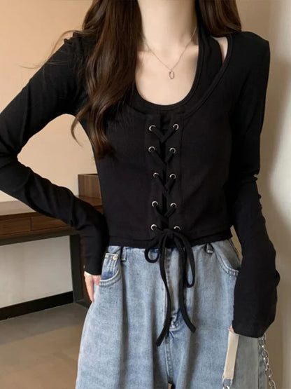 Sexy Halter Crop Top Women Spring Autumn Long Sleeve Bandage T-shirts Female Korean Fashion Vintage Spicy Girl Slim Y2k Clothes