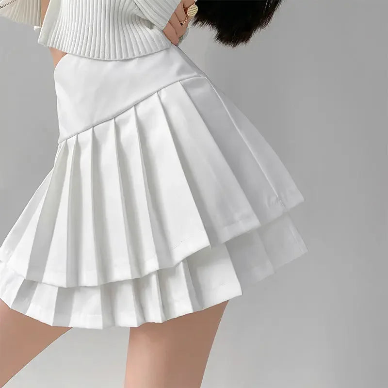 qgtao Preppy Style Double Pleated Skirt Women Korean Skort Summer Sexy Y2k High Waist Patchwork Solid Mini Skirt A-line Casual