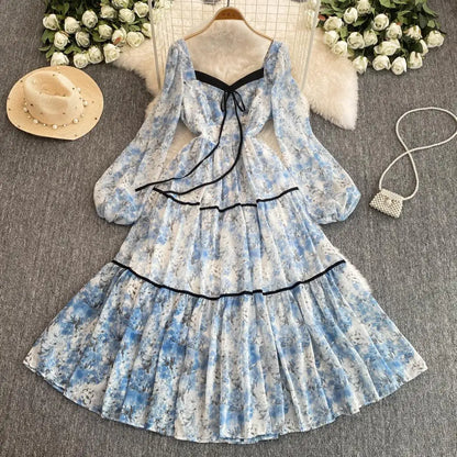 qgtao Elegant Floral Printed Midi Dresses for Women Lantern Sleeves Square Collar A-line Birthday Party Dress Autumn New Prom Robe