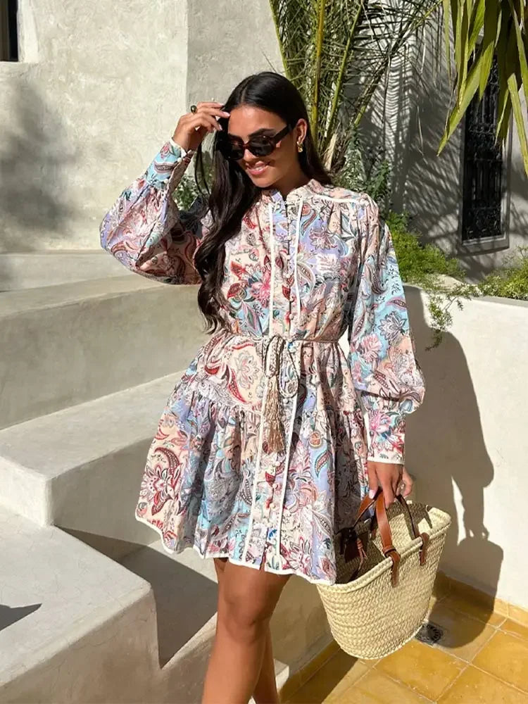 qgtao Fashion Vintage Print Mini Dress For Women Single Breast Lace-up Long Sleeves Dresses 2024 Spring Casual Vocation Streetwear