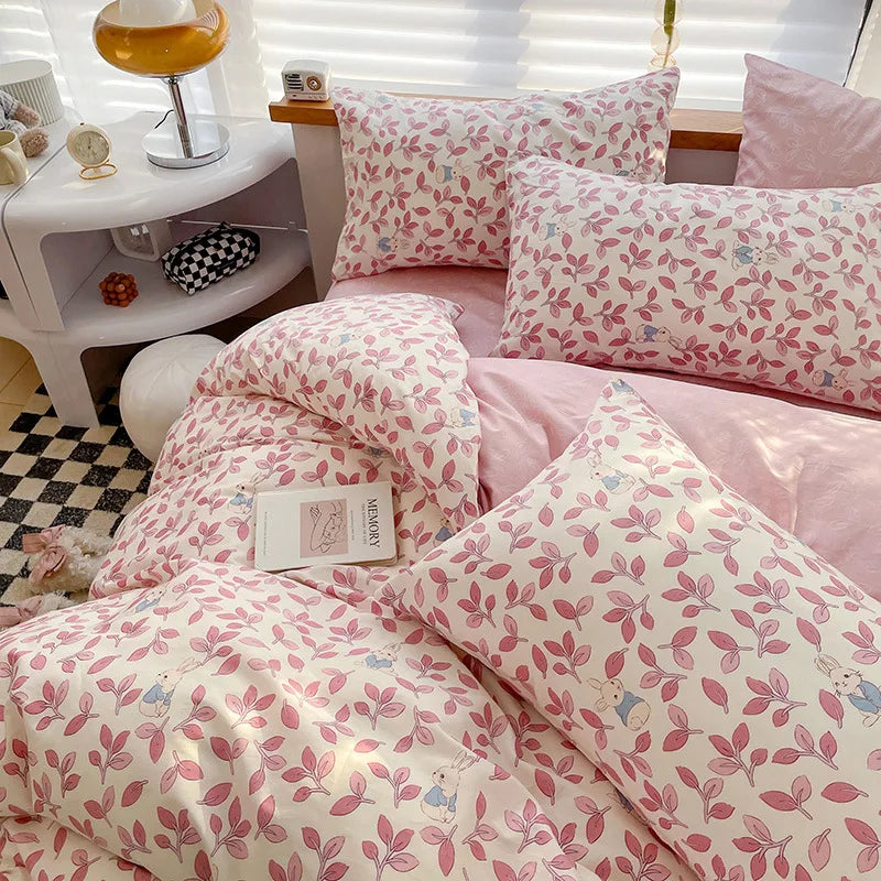 Yeknu Ins Style Bedding Set Cotton Soft Flat Fitted Sheet Duvet Cover Pillowcase Floral Rabbit Boy Girls Home Textile Bedclothes