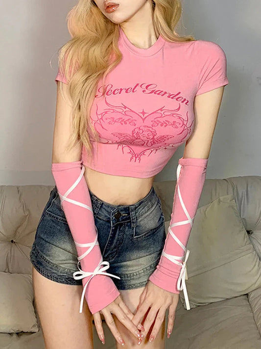 qgtao  -  Y2K Crop Top Women Summer Aesthetic T Shirt Female Pink Sweet Short Sleeve Tee Ladies Harajuku Graphic Fashion Camisetas Mujer
