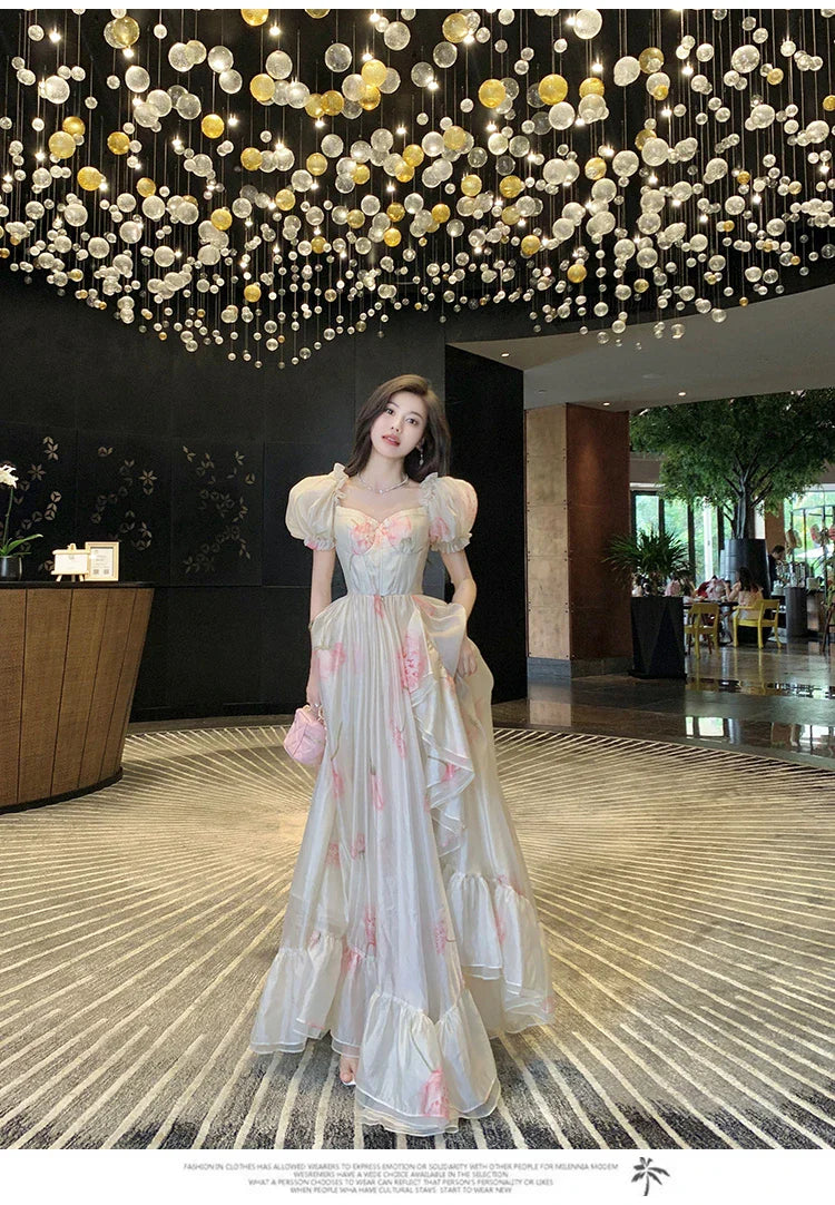 Vintage French Elegant Floral Ruffles Party Dresses Women Fashion Puff Sleeve Birthday A Line Princess Long Dress Sweet Vestidos