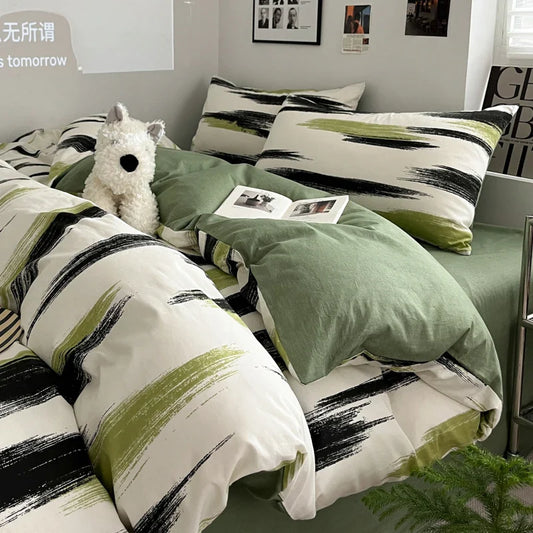 Yeknu Ins Stripe Bedding Set Green Black Duvet Cover with Pillowcase Simple Quilt Cover Adults Single Double Full Size