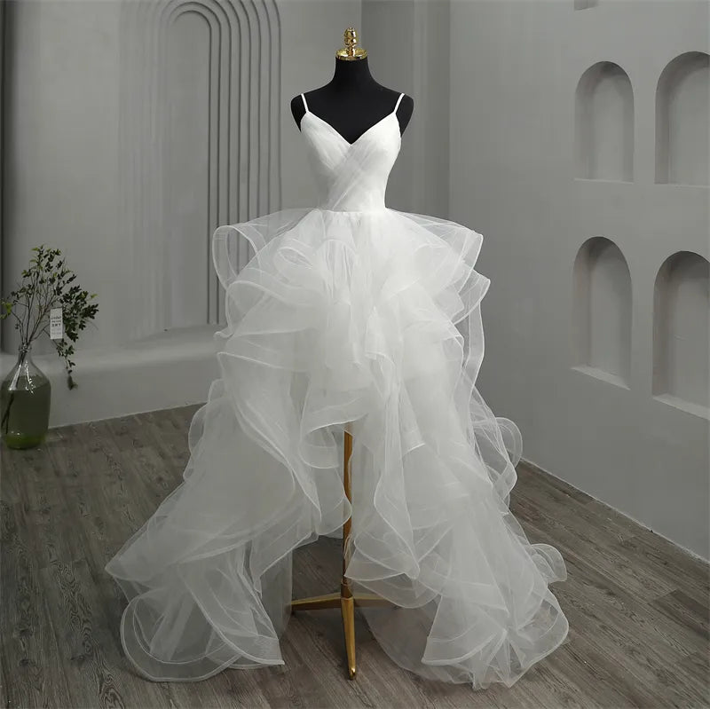 qgtao New Short Front Long Back Gothic White Wedding Dresses Spaghetti Straps Deep V Neck High-low Bridal Gowns Custom Color