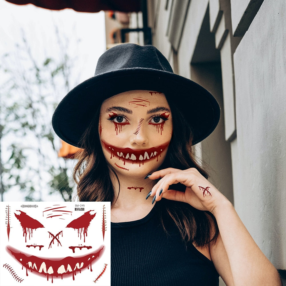 Halloween Face Makeup for Women Men Big Mouth Temporary Tattoo Stickers Disposable Funny Fake Tattoo Waterproof for Saints' Day