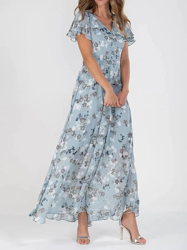 qgtao Female Vintage Floral Printing Chic Dress Women Summer Elegant V Neck Maxi Party Dresses Casual Chiffon Beach Long Dress Vestido