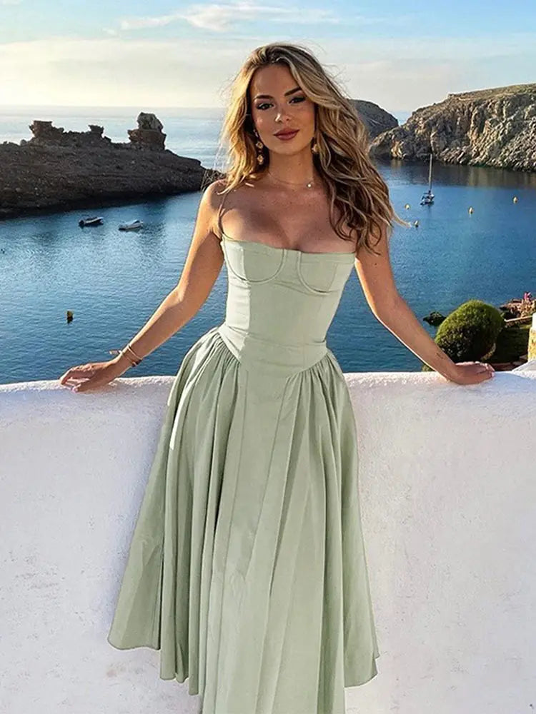 qgtao Sexy Solid Pleated Hem Sling Dress Women Fashion Midi Sleeveless Backless Dresses Female 2024 Summer Party Evening A-line Robes