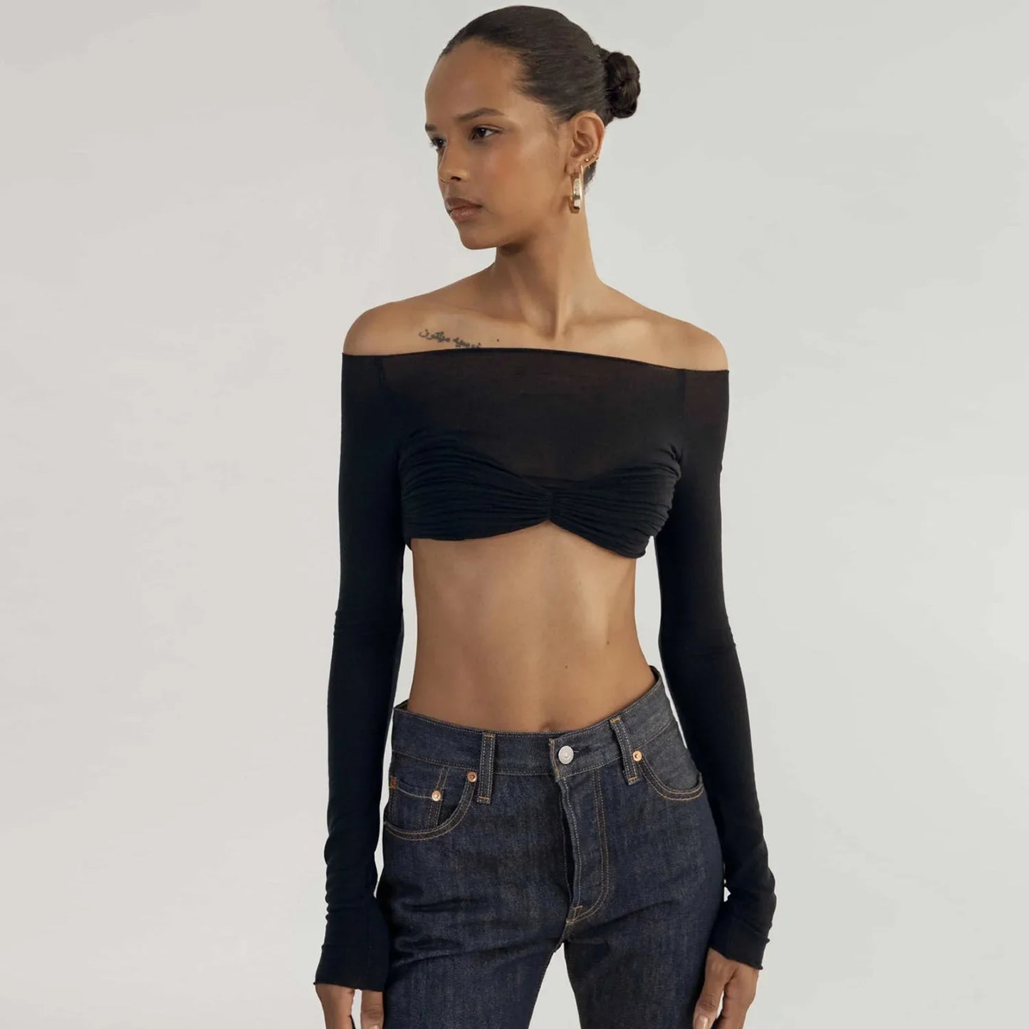 Mozision See Through Mesh Crop Top Women Pullovers Strapless Short Knit Cropped Tops Ladies Tee Shirt Sexy Off-shoulder T-shirt