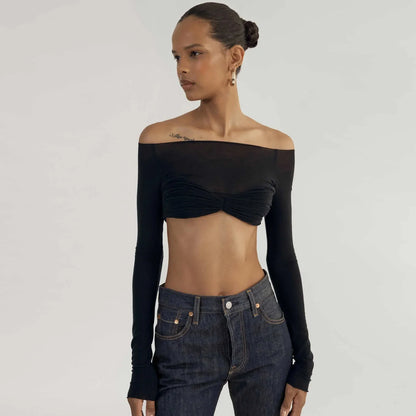 Mozision See Through Mesh Crop Top Women Pullovers Strapless Short Knit Cropped Tops Ladies Tee Shirt Sexy Off-shoulder T-shirt