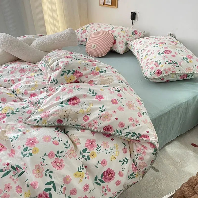 Yeknu Student Dormitory Three-piece Ins Oil Painting Wind Tulip Quilt Set Double Yarn Four-piece Set 1.8 Washed Cotton Bed Girl