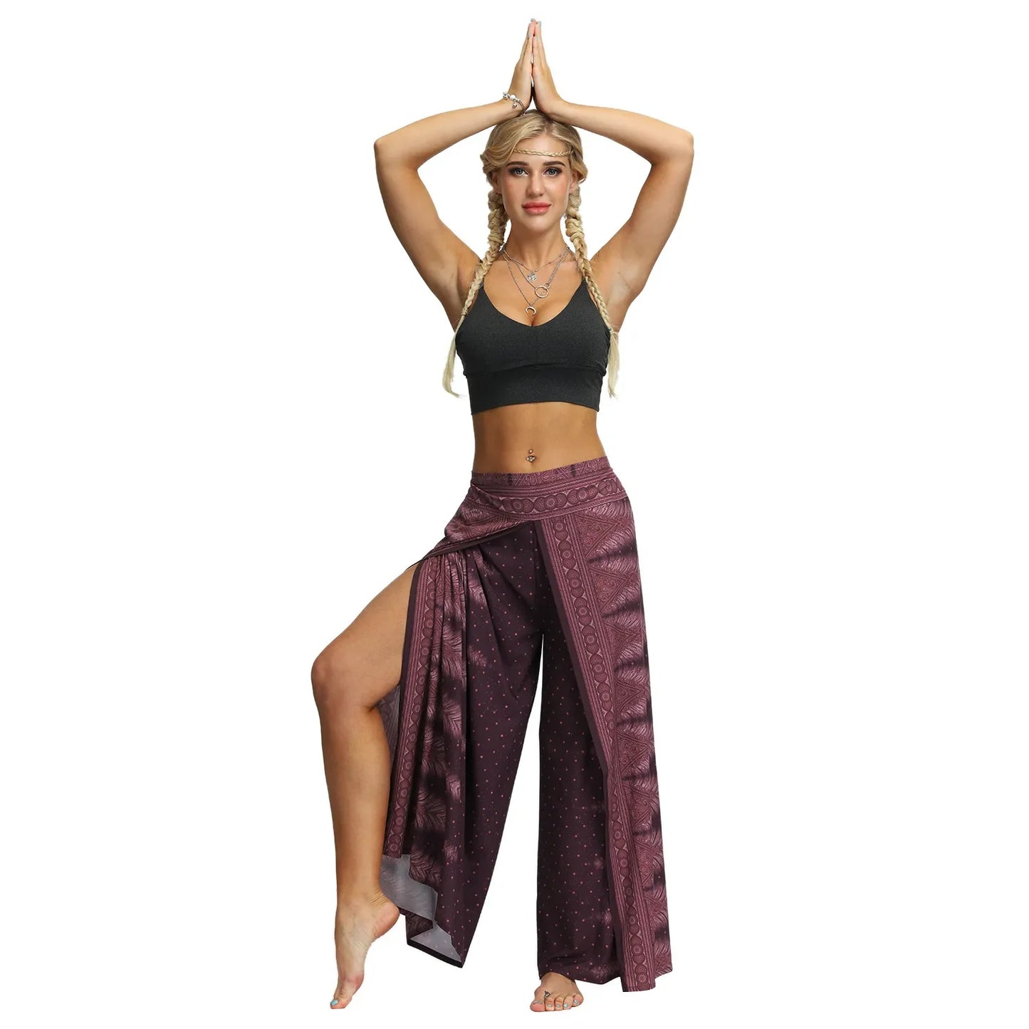 qgtao Women's High Waist Open Leg Wide Leg Pants Digital Printed Casual Plus Size Yoga Pants Women Thailand Bohemia Polyester 2024