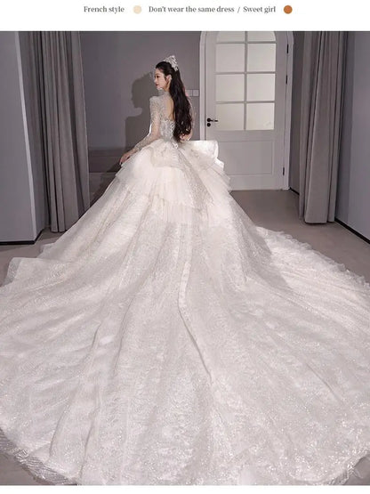 qgtao Lace Beading Wedding Dresses For Women 2024 Spring Princesss Vintage High Neck Long Sleeves Bridal Ball Gown