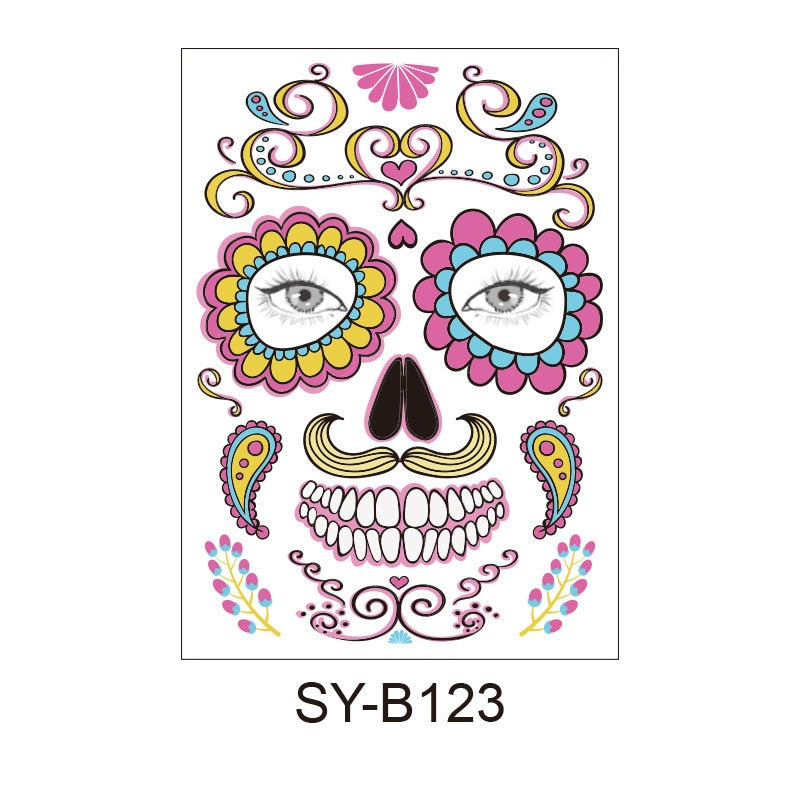 Halloween Temporary Tattoo Sticker Facial Makeup Cool Beauty Face Tattoo Waterproof Hot for Makeup party Of The Dead Skull Dress