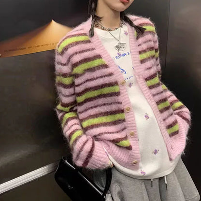 Autumn Striped Mohair Knitted Cardigans Winter Women Vintage Gentle Elegant Loose Sweater Casual V-neck Long Sleeve Knitwear
