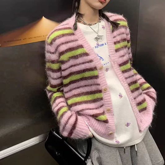 Autumn Striped Mohair Knitted Cardigans Winter Women Vintage Gentle Elegant Loose Sweater Casual V-neck Long Sleeve Knitwear