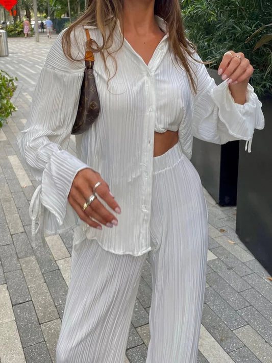 qgtao Women Pleated Pants Suits Set Casual Chic Solid Color Long Sleeve Oversize and Wide Leg Pants Trousers 2023 Elegant Tracksuit