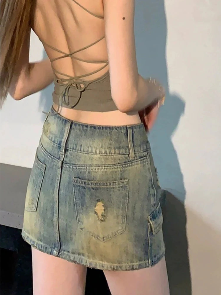 qgtao Vintage Denim Mini Skirt Women Trashy Y2k 2000s Low Waist Sexy Star Rivet Distressed Slim Pencil Skirt Gyaru Streetwear