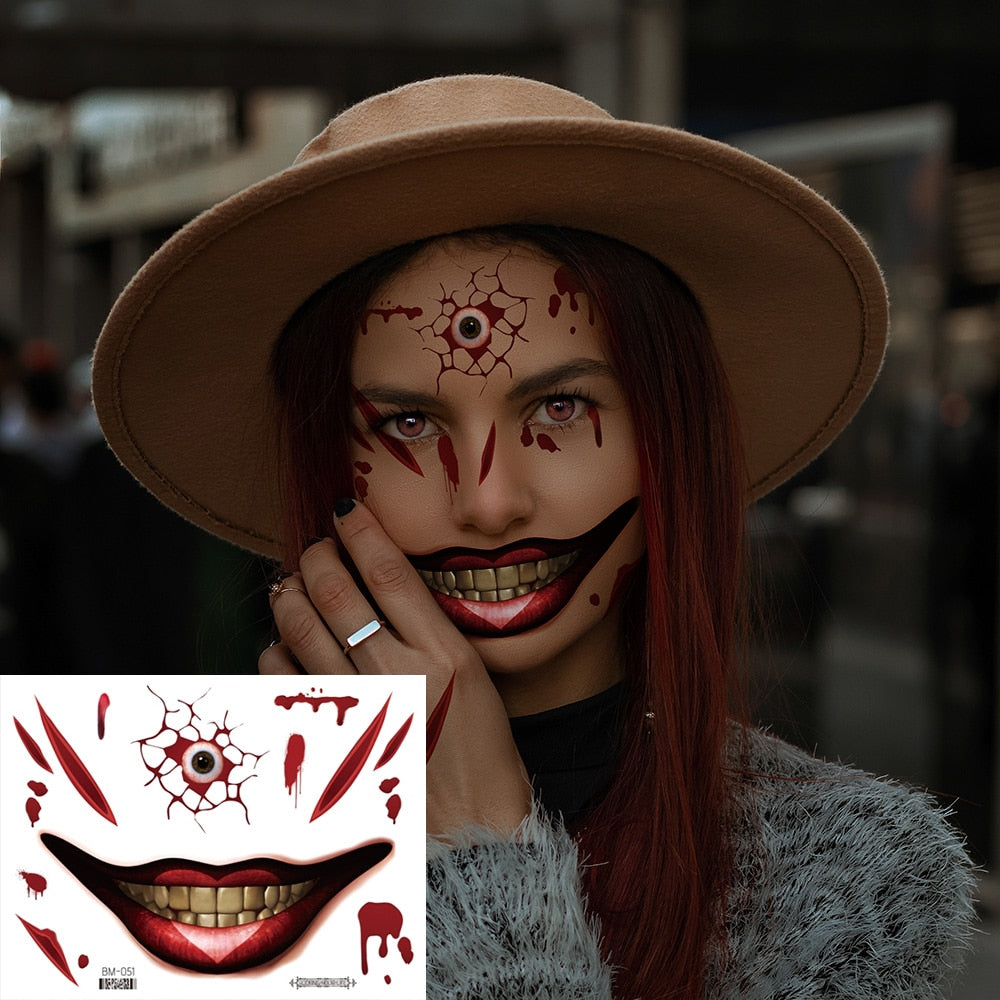 Halloween Face Makeup for Women Men Big Mouth Temporary Tattoo Stickers Disposable Funny Fake Tattoo Waterproof for Saints' Day