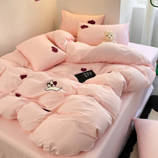 Yeknu Super Soft Towel Embroidery Bedding Set Duvet Cover Queen Full Twin Size Bed Flat Sheet Kids Girls Quilt Cover Pillowcase Kawaii