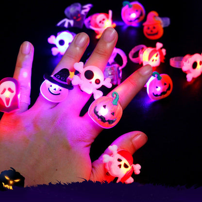 qgtao 10pcs Halloween Decorations for Home Glowing Ring Brooch Pumpkin Ghost Skull Rings for Kids Gifts Halloween Party Supplies