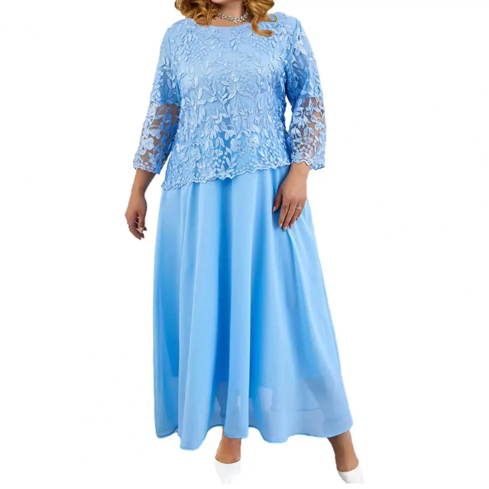 qgtao Plus Size Long Dress Elegant Plus Size Maxi Dress with Flower Embroidery Lace Detail Three Quarter Sleeve O Neck Fake Two-piece