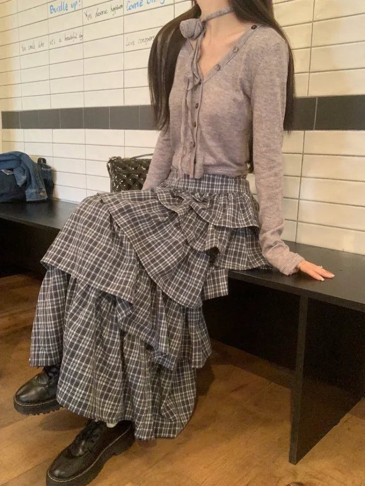 qgtao  -  Harajuku Tiered Plaid Skirt Pleated High Waist Long Maxi Cake Skirt Mujer Summer Fashion Tshirt Sexy Two Piece Set Women