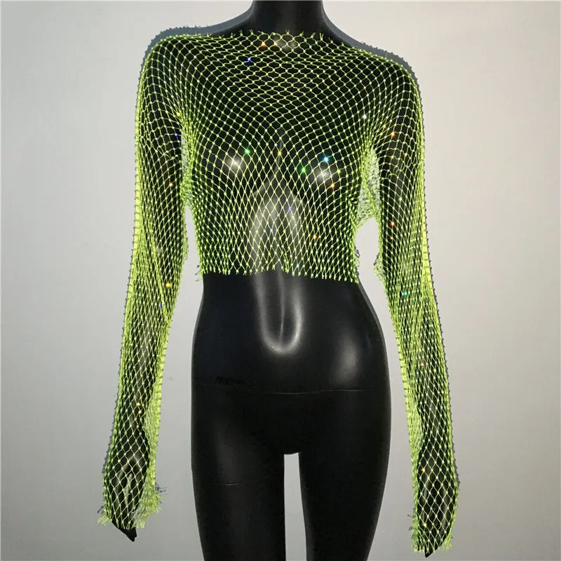 qgtao Women Sexy Mesh See Through T Shirt Shiny Rhinestone Fishnet Hollow Out Crop Top Long Sleeve Beach Cover Up Party Club Tank Tops