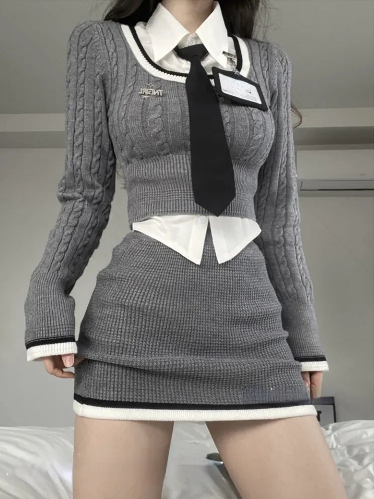 qgtao Korean Style Fashion 3 Piece Set Women Knitted Kawaii Sweet Mini Skirt Suit Female Long Sleeve Vintage Sexy Clothing 2024 Autumn