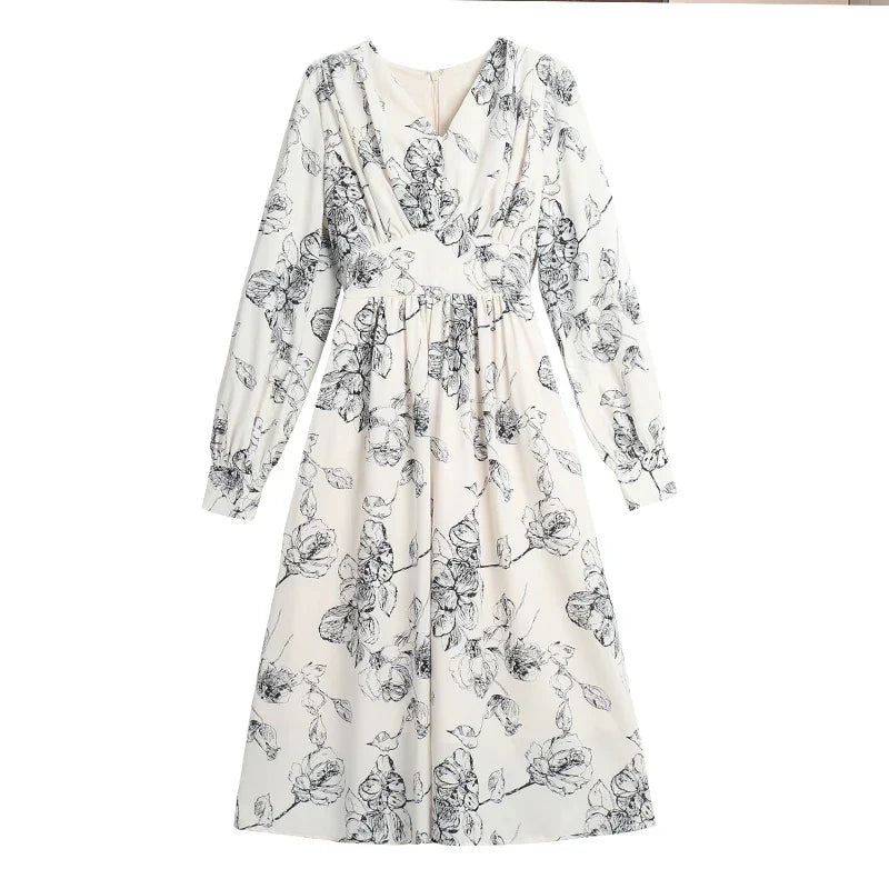 qgtao-New Vintage Floral Dress for Women with Long Sleeves Office Lady V-neck Elegant Chic Ladies Slim Print Dresses Autumn Fashion