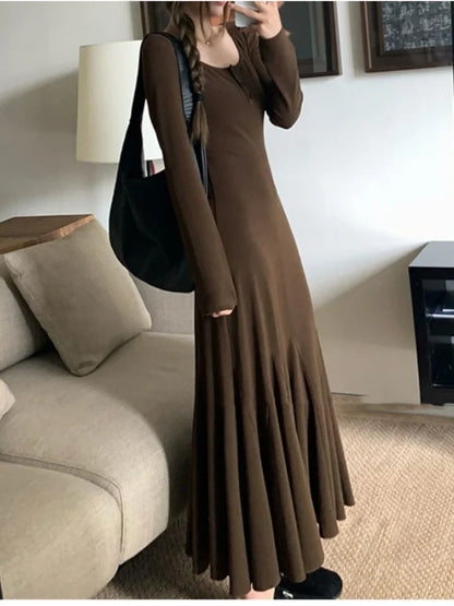 qgtao Black Long Dress Women Vintage Fishtail Dresses Female Party Fashion Long Sleeve Dress Ladies Elegant Casual Ruffle Robe