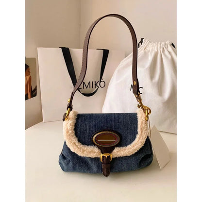 qgtao Western Cowboy American Underarm Denim Bag Fashion Retro Lamb Wool Splice Autumn Winter Crossbody Bag Women Pop New Shoulder Bag