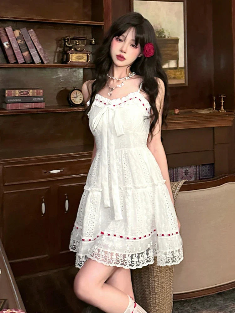 qgtao Sweet White Lace Mini Dress Women Autumn Sexy Sleeveless Bow Strap Dress Female Casual Cute Princess Wedding Party Dress New In