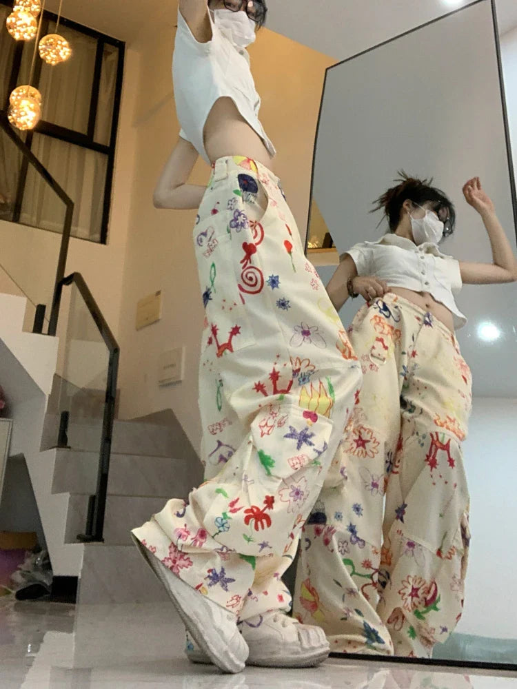 qgtao  -  Vintage Baggy Cargo Pants Women Y2k Fashion Straight Flower Pattern Low Waist Casual Sweatpants Hip Hop Slouchy Trousers