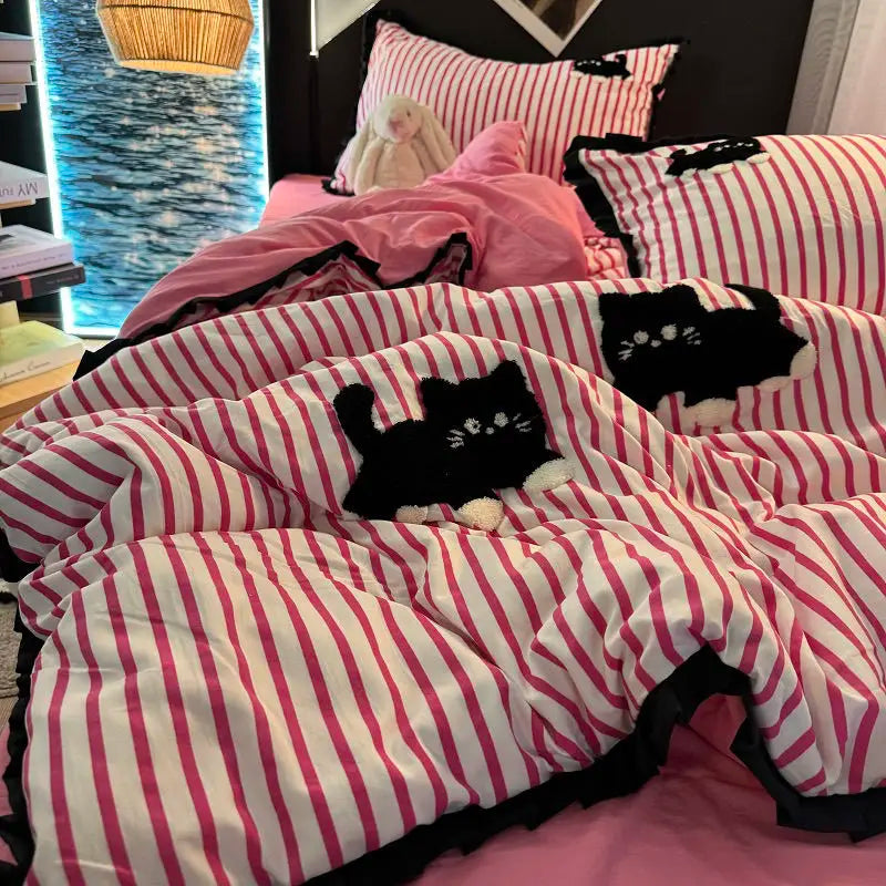 Yeknu Korean Style Bedding Set Green Strip Black Cat Embroidery Washed Cotton  Duvet Cover Cute Cardboard  Bed linen Comforter Sets