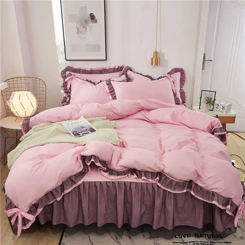 Yeknu Luxury Princess Bedding Sets Kawaii Bed Skirt Sheet and Pillowcase Bed Comforter Set Girls Duvet Cover 4pcs Set Home Decoration