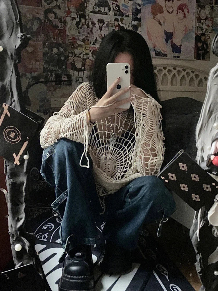 qgtao  -  Y2k Hollow Out Knit Hoodies Women Spider Web Hole Crochet Top Punk Grunge E-Girl Pullover Streetwear Goth Mesh Clothes