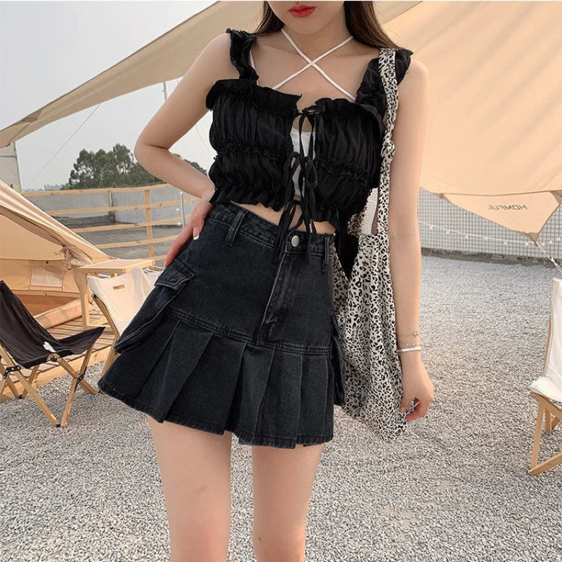 qgtao Vintage Pleated Denim Skirt Women Black Sexy Y2K Mini Skirts Retro Gothic Casual Patchwork Streetwear A-line Jean Skirt