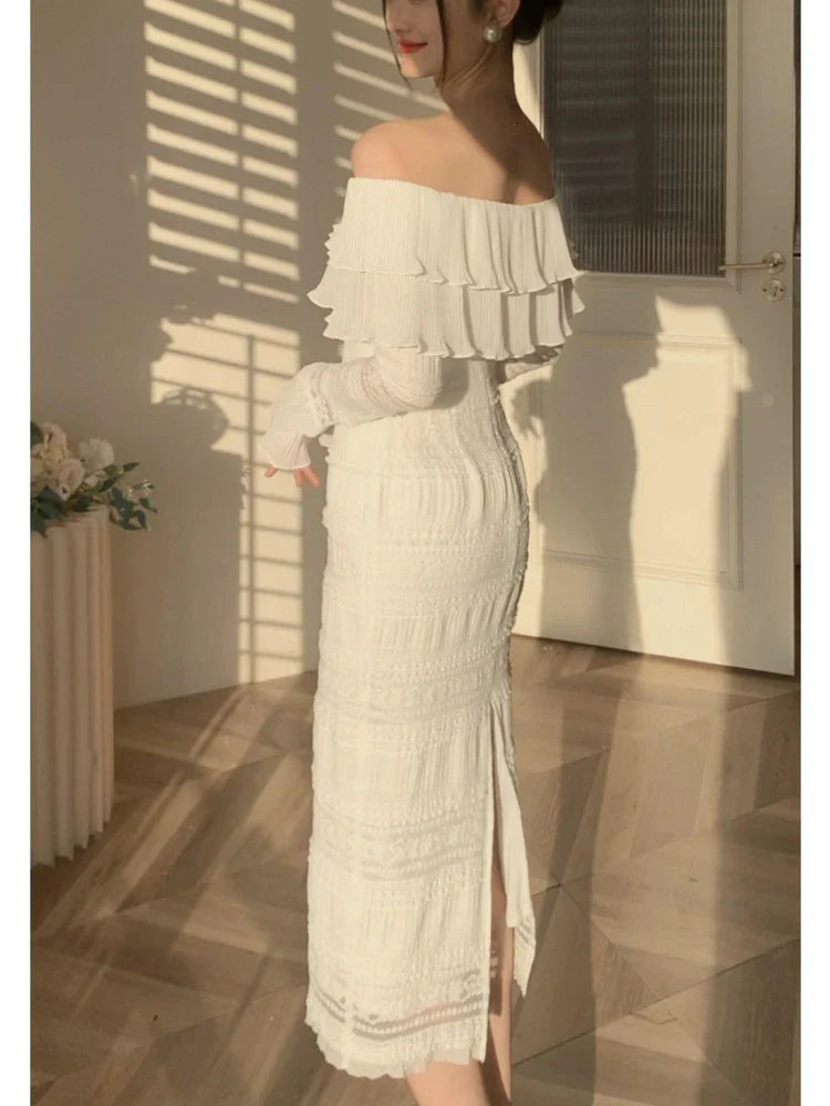 qgtao White Elegant Vintage Midi Dress Women Ruffles Sexy Beach Party Bodycon Dress Female Silm One Piece Dress Korean 2024 Summer Y2k