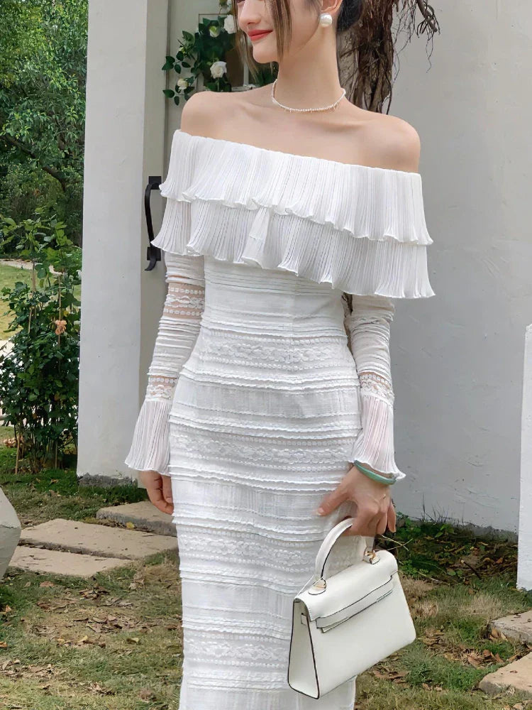 qgtao White Elegant Vintage Midi Dress Women Ruffles Sexy Beach Party Bodycon Dress Female Silm One Piece Dress Korean 2024 Summer Y2k