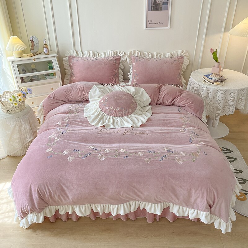 Flowers Embroidery Princess Bedding Set Shaggy Velvet Fleece Ruffles Duvet Cover Quilt Cover Set Bed Skirt Bedspread Pillowcases