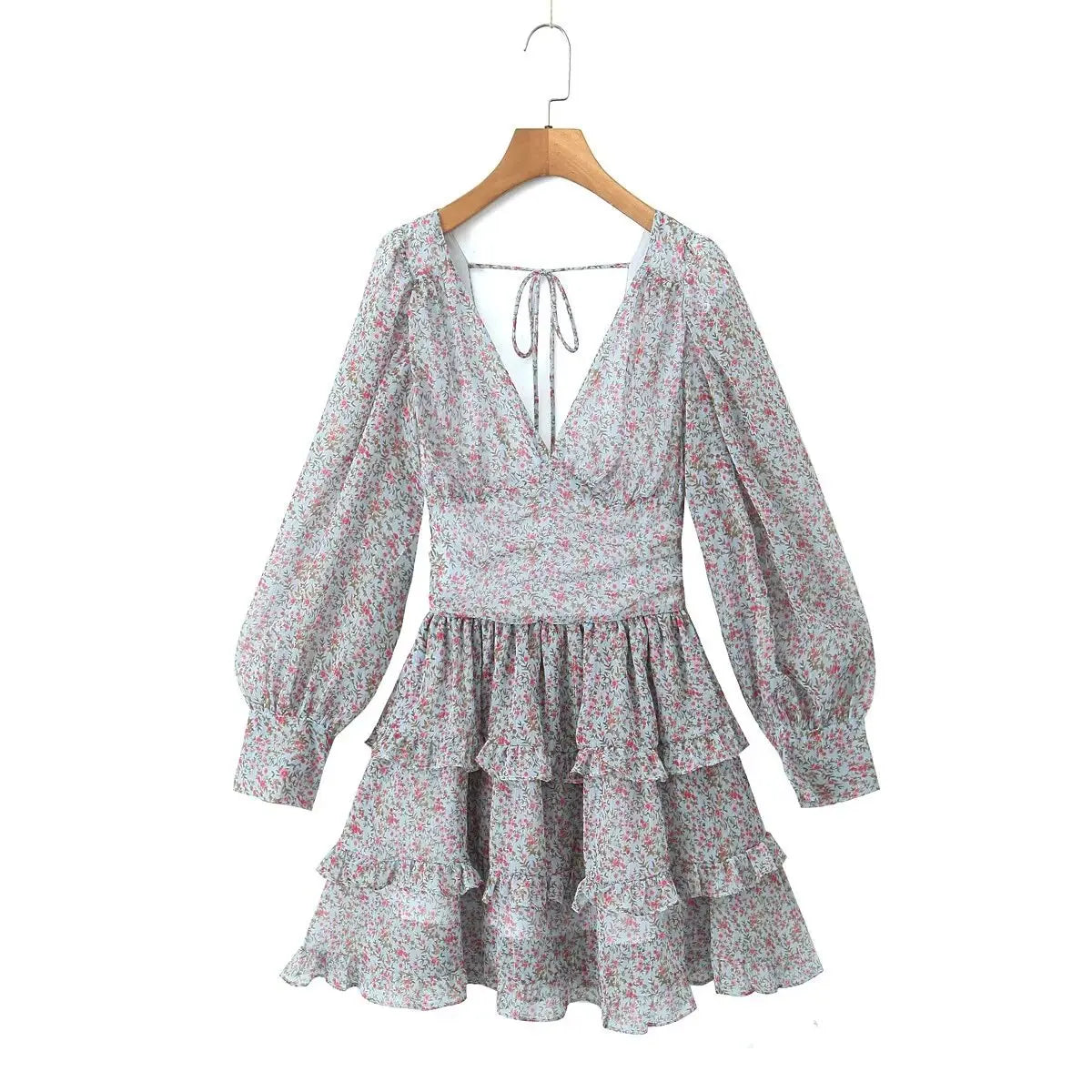 qgtao   Spring 2024 Women Sexy Backless Floral Print Dress Puff Sleeve V Neck Layered Ruffle Cake Mini Dresses Holiday Party Robe