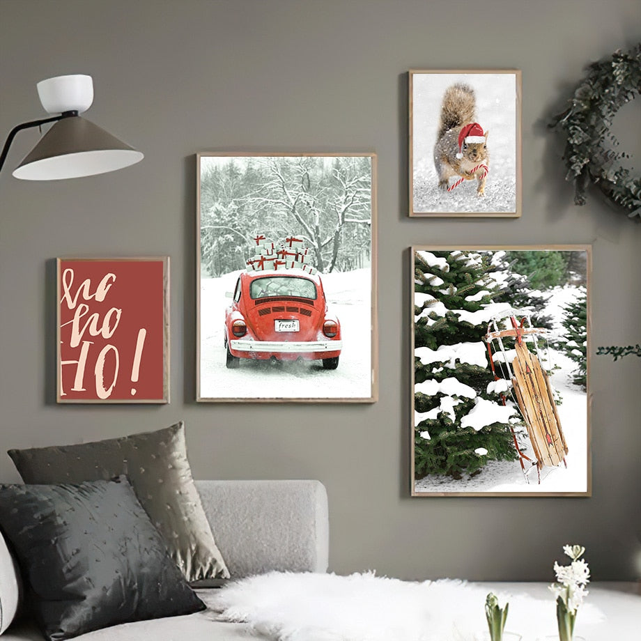 Christmas Gift Winter Red House Vintage Car Wall Art Canvas Painting Living Room Decoration Posters And Prints Wall Pictures