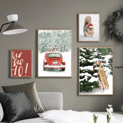 Christmas Gift Winter Red House Vintage Car Wall Art Canvas Painting Living Room Decoration Posters And Prints Wall Pictures