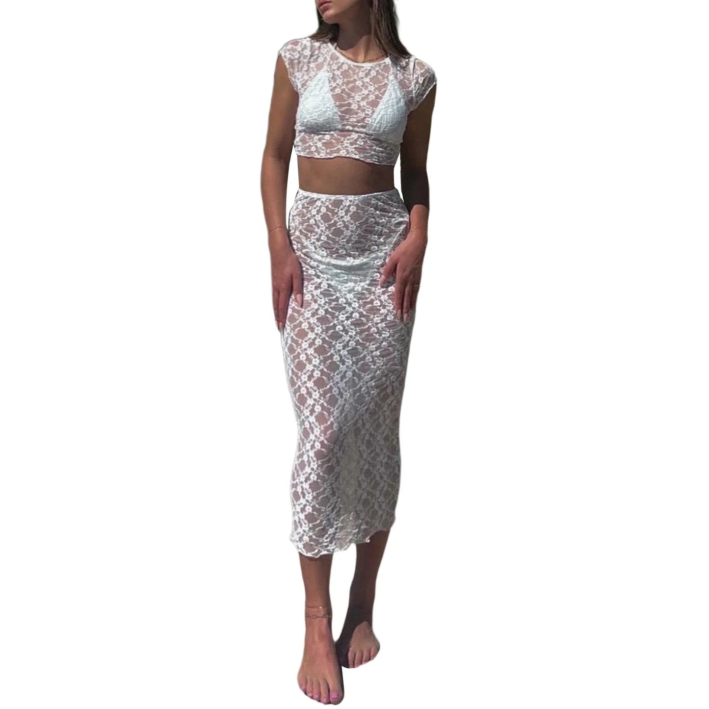 qgtao Summer Sexy Women's Beach Cover-Ups Skirt Set See-through Lace Short Sleeve Crew Neck T-shirt + High Waist Long Skirt