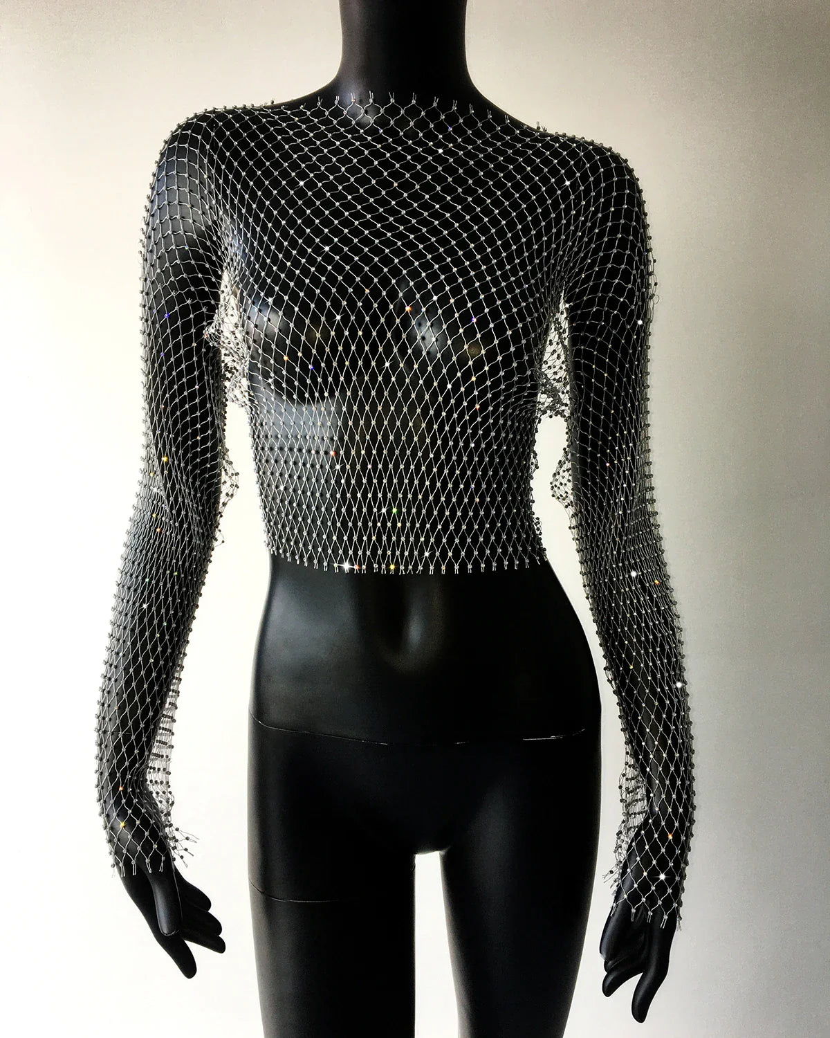 qgtao Women Sexy Mesh See Through T Shirt Shiny Rhinestone Fishnet Hollow Out Crop Top Long Sleeve Beach Cover Up Party Club Tank Tops