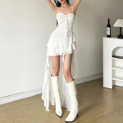 qgtao Y2k Sexy Mesh Ruffle Irregular High Low Dress White Black Sleeveless Long Dresses Summer Y2K Clothes Women 2024